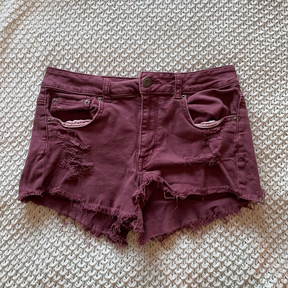 Burgundy Distressed High Waisted Jean Shorts